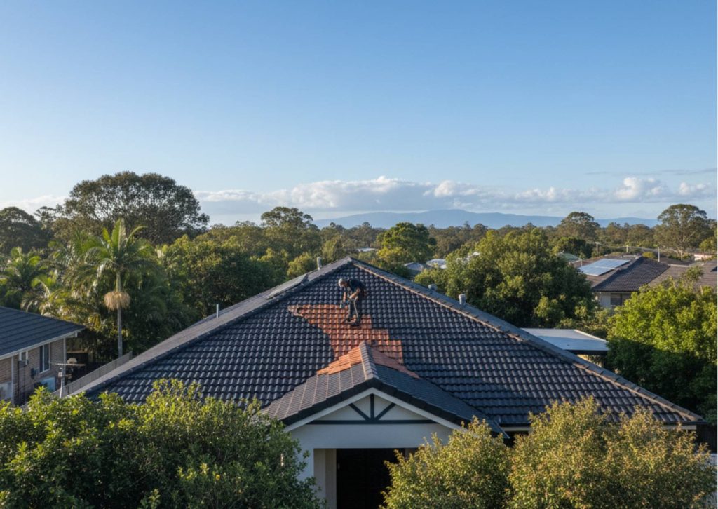 Licensed roofer repointing a roof under mild Brisbane winter sunlight, showcasing professional craftsmanship and preventive maintenance in dry conditions.