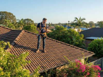 Professional roofer in safety gear inspecting ridge caps and tiles on a suburban Brisbane home roof under clear spring skies, emphasizing proactive maintenance.