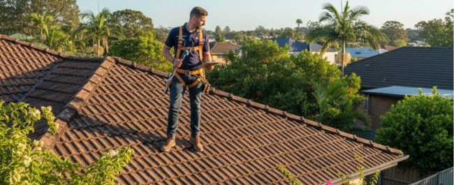 Professional roofer in safety gear inspecting ridge caps and tiles on a suburban Brisbane home roof under clear spring skies, emphasizing proactive maintenance.