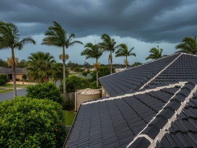 Brisbane suburban home under dark, stormy skies, showcasing a clean, well-maintained roof with fresh ridge pointing, symbolizing storm protection.
