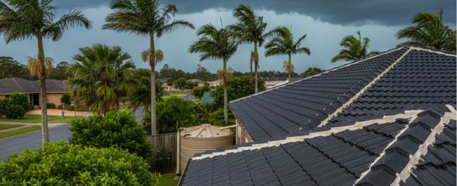 Brisbane suburban home under dark, stormy skies, showcasing a clean, well-maintained roof with fresh ridge pointing, symbolizing storm protection.