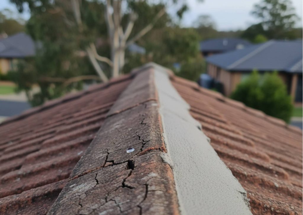 Macro photo of a tiled roof ridge showing small cracks with condensation in old mortar next to new mortar, emphasizing urgency for winter repairs.