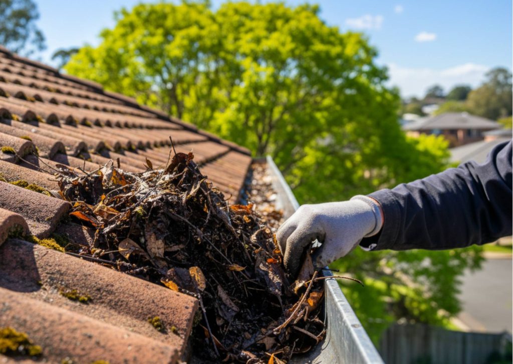 Detailed close-up of a worker clearing leaves and debris from roof gutters and valleys on a Brisbane home during a bright spring day.