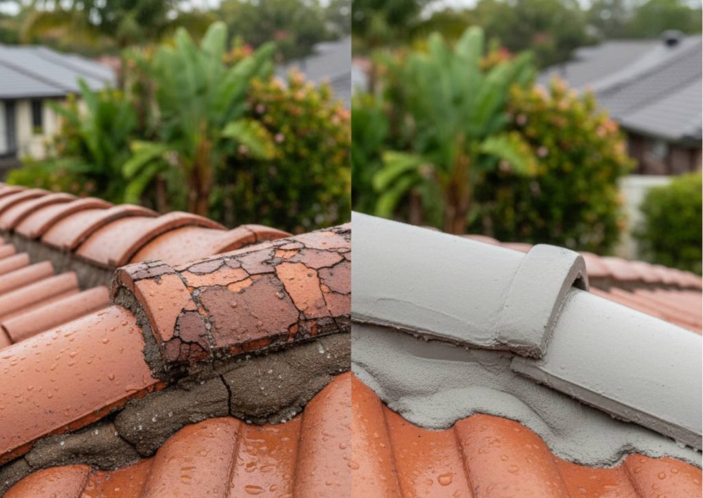 Detailed close-up comparison of a roof ridge showing cracked, damaged mortar next to new, smooth flexible repointing, highlighting the difference in protection.