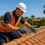 Professional tradesman inspecting a Brisbane suburban roof on a crisp, sunny winter morning, highlighting ideal dry conditions for maintenance.
