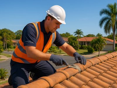 Professional tradesman inspecting a Brisbane suburban roof on a crisp, sunny winter morning, highlighting ideal dry conditions for maintenance.