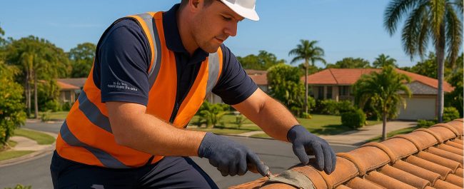 Professional tradesman inspecting a Brisbane suburban roof on a crisp, sunny winter morning, highlighting ideal dry conditions for maintenance.