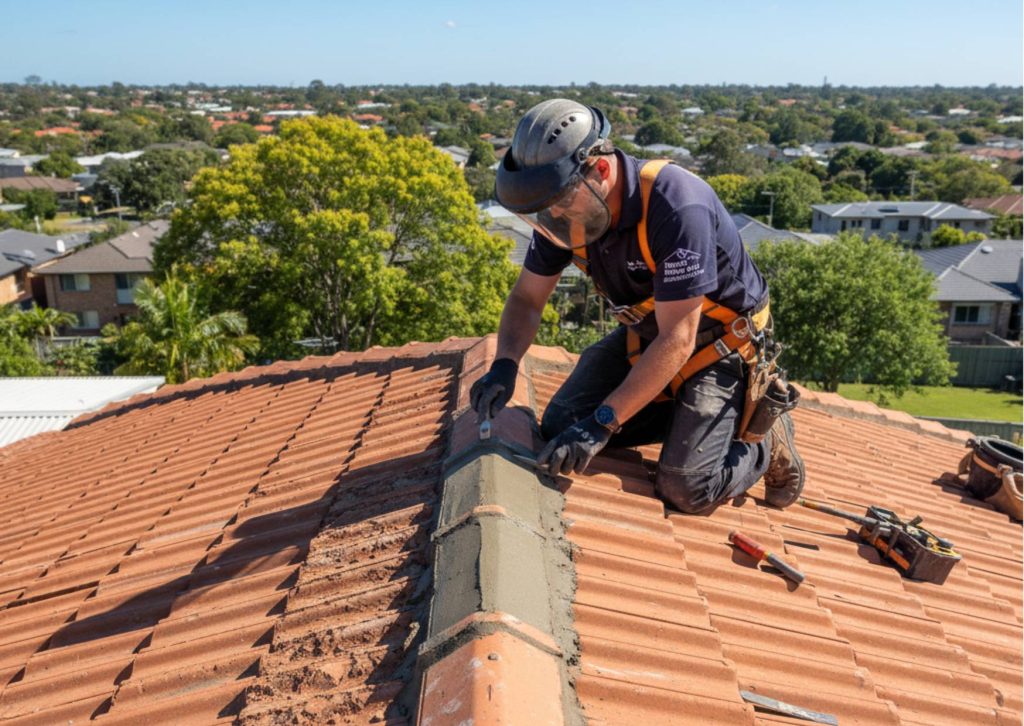 Professional roofer applying new flexible mortar to ridge caps on a tiled Brisbane roof, contrasting old and new pointing for storm season preparation.