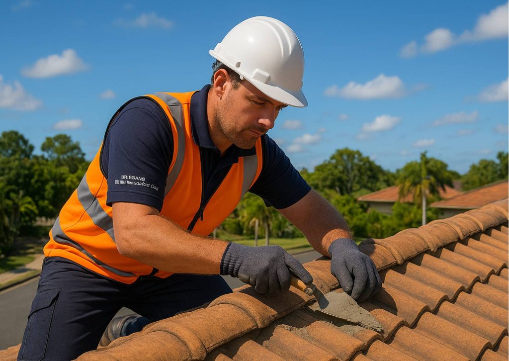 Licensed professional roofer applying flexible mortar to ridge caps on a tiled roof under bright, clear weather, demonstrating expert repointing craftsmanship.
