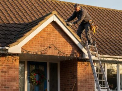 Man repointing roof ridge tiles while standing on a ladder.