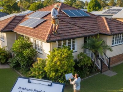 Man inspecting roof and solar panels while coworker checks a checklist.