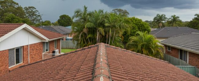 Brisbane home with a tiled roof and ridge capping showing minor cracks in repointing under summer storm clouds.