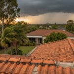 View over red-tiled rooftops and palm trees bending in strong winds beneath dark storm clouds with rain in the distance.