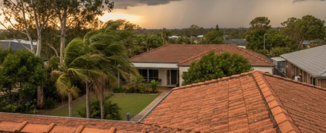 View over red-tiled rooftops and palm trees bending in strong winds beneath dark storm clouds with rain in the distance.