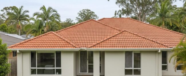 Single-story house with a red tiled roof, light exterior walls, and a green lawn, surrounded by palm trees and tall trees.
