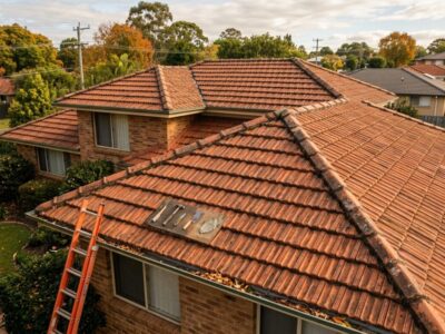 Tiled house roof with tools and ladder set up for repairs in a suburban neighborhood.