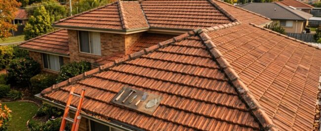 Tiled house roof with tools and ladder set up for repairs in a suburban neighborhood.