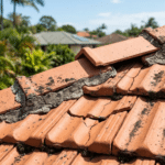 Close-up of damaged Brisbane tile roof with cracked tiles and crumbling mortar.