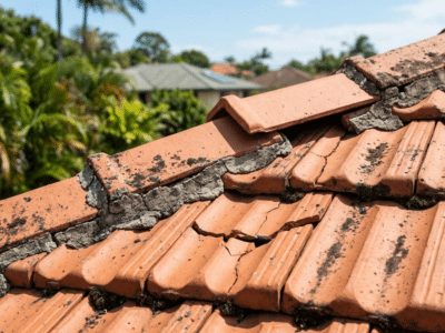 Close-up of damaged Brisbane tile roof with cracked tiles and crumbling mortar.