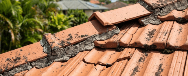 Close-up of damaged Brisbane tile roof with cracked tiles and crumbling mortar.
