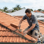 A professional roofing contractor repairs a terracotta tile roof in a Brisbane suburb.