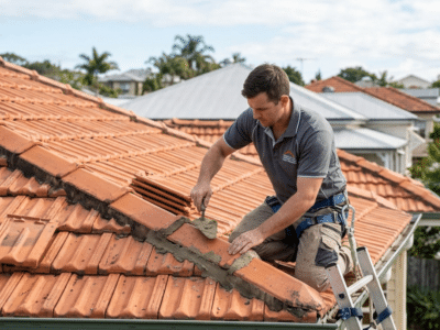 A professional roofing contractor repairs a terracotta tile roof in a Brisbane suburb.