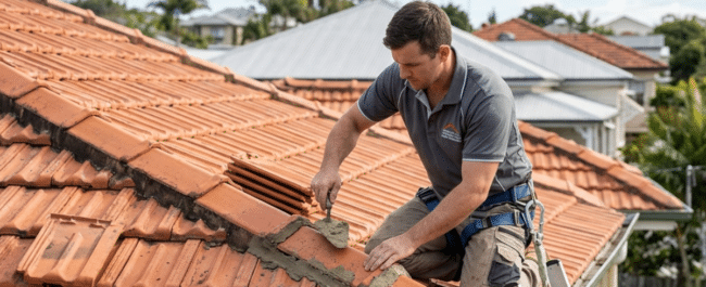 A professional roofing contractor repairs a terracotta tile roof in a Brisbane suburb.