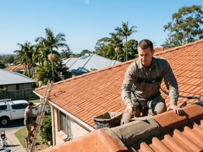 A roofer applies flexible pointing to a tiled roof in Brisbane on a bright winter day.