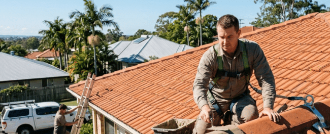 A roofer applies flexible pointing to a tiled roof in Brisbane on a bright winter day.