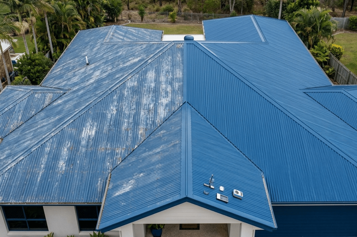 An aerial view of a house roof showing a distinct contrast between weathered, faded blue metal sheeting on the left side and newly restored, vibrant blue sheeting on the right.