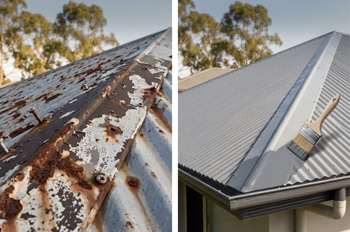 A comparison of two residential metal roofs: one is severely rusted and requires replacement, while the other is mostly sound with minor issues, showing it is viable for restoration.