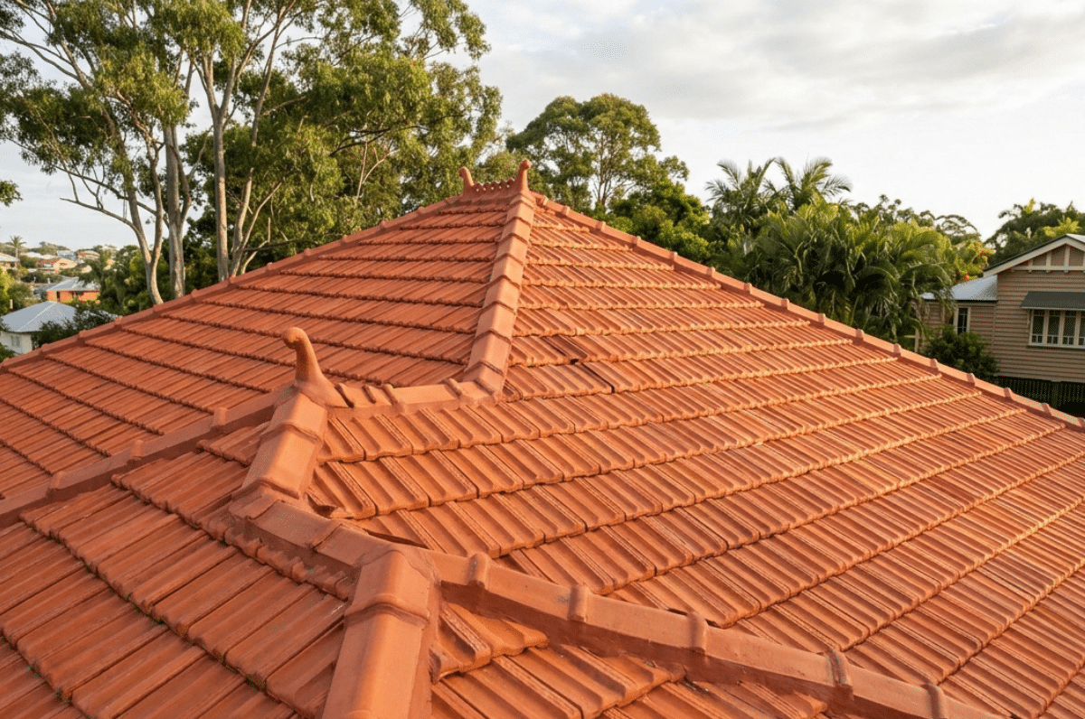 A freshly restored terracotta roof in a leafy Brisbane neighborhood, featuring clean, vibrant orange tiles.