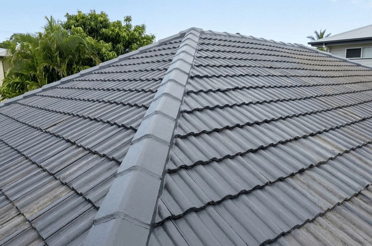 A freshly restored grey tile roof on a Brisbane home with tropical foliage in the background.
