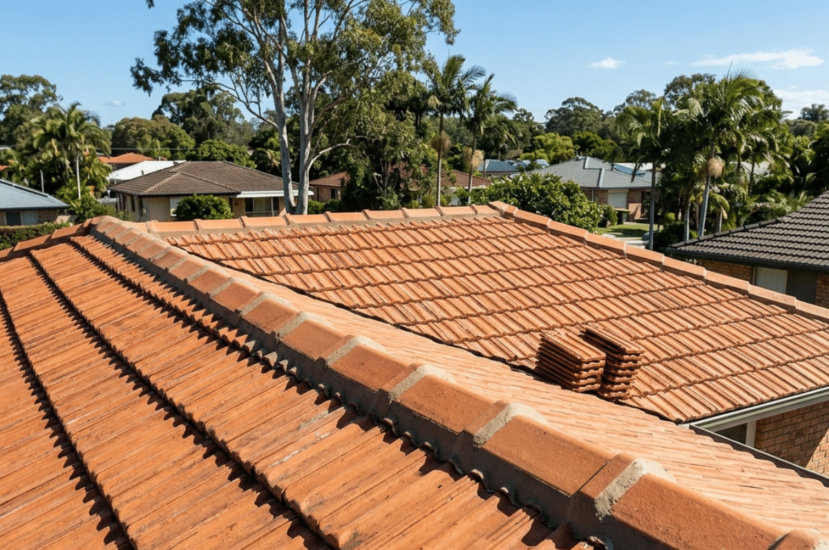 Terracotta tile roof in Brisbane suburb featuring new ridge cap rebedding mortar, showing repair work.