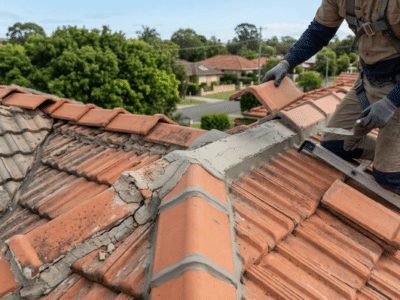 A roofer applying fresh grey mortar to the ridge of a terracotta tiled roof in a suburban area.