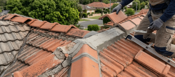 A roofer applying fresh grey mortar to the ridge of a terracotta tiled roof in a suburban area.