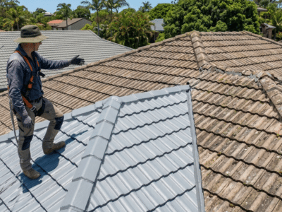 A roofer inspects a roof split between new grey tile coating and old weathered terracotta.