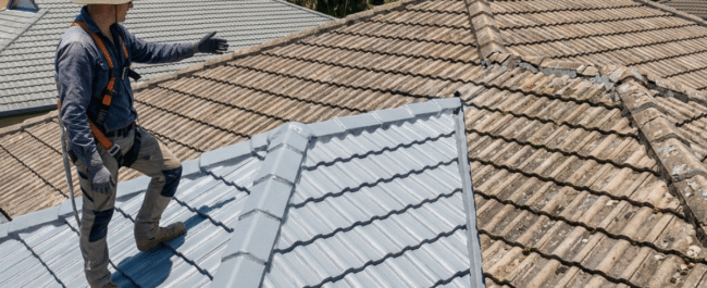 A roofer inspects a roof split between new grey tile coating and old weathered terracotta.